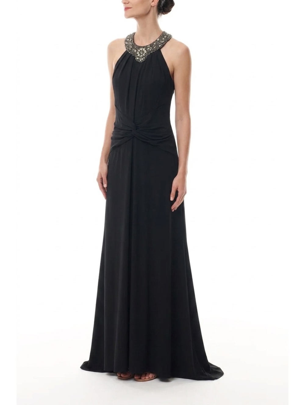 Vintage Y2K David Meister Black Beaded Halter Evening Gown Size 2
